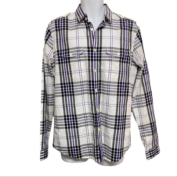 Express mens fitted long sleeve‎ button purple plaid shirt medium 15-15 1/2. - Picture 1 of 6